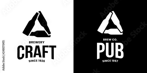 Modern craft beer drink isolated vector logo sign for bar, pub, store, brewhouse or brewery. Premium bottle triangle logotype emblem illustration set. Brewing fest fashion t-shirt badge design bundle.