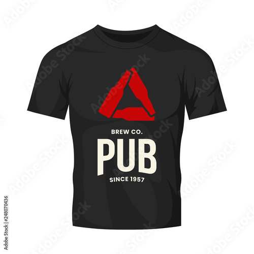Modern craft beer drink vector logo sign for bar, pub, store, brewhouse or brewery isolated on black t-shirt mock up. Premium bottle triangle logotype illustration. Brewing fest fashion badge design.