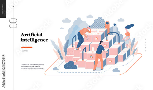 Technology 3 -Artificial intelligence -modern flat vector concept digital illustration Artificial Intelligence metaphor, abstract. Business workflow management Creative landing web page design