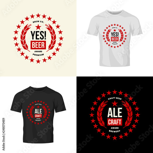 Modern craft beer drink vector logo sign for bar, pub, store, brewhouse or brewery isolated on t-shirt mock up. Premium quality round logotype illustration set. Brewing fest fashion badge design bundl