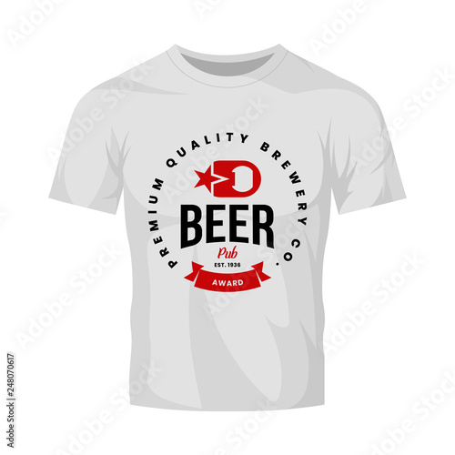 Modern craft beer drink vector logo sign for bar, pub, store, brewhouse or brewery isolated on white t-shirt mock up. Premium quality opener logotype illustration. Brewing fest fashion badge design.