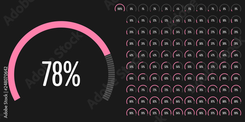 Set of circular sector percentage diagrams (meters) from 0 to 100 ready-to-use for web design, user interface (UI) or infographic - indicator with pink