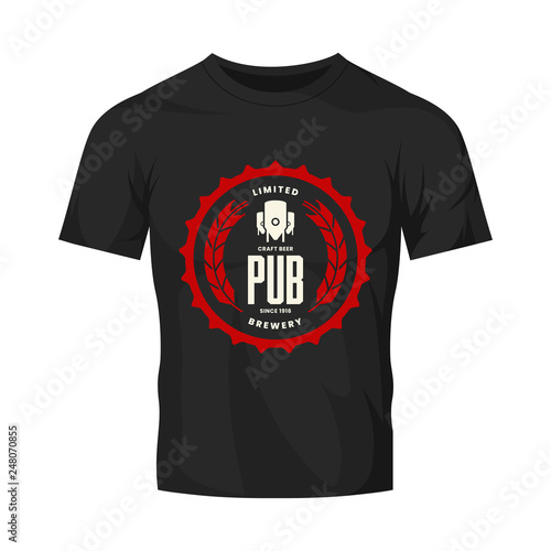 Modern craft beer drink vector logo sign for bar, pub, store, brewhouse or brewery isolated on black t-shirt mock up. Premium quality manufacture logotype illustration. Brewing fashion badge design.