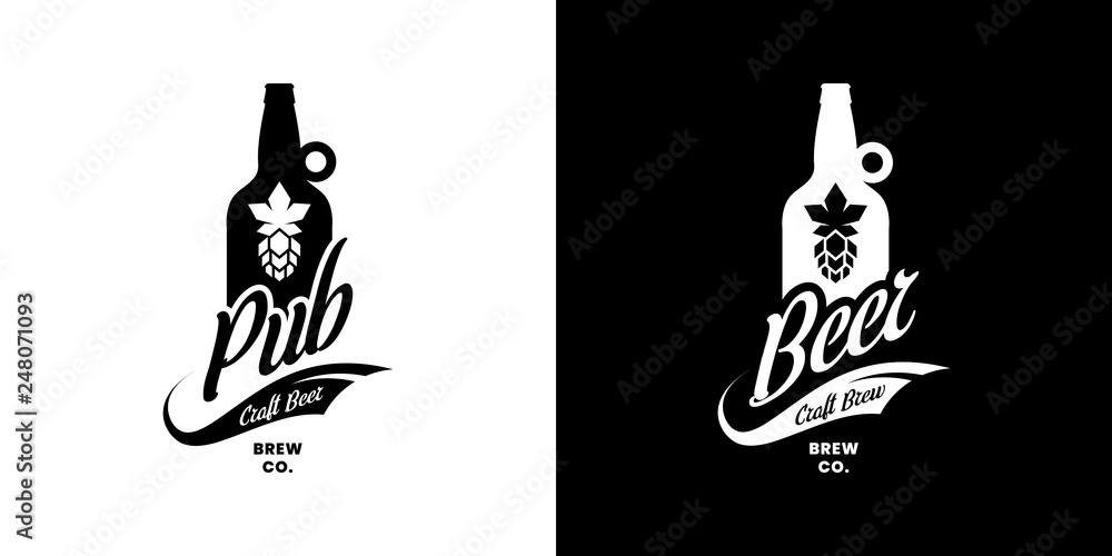 Modern craft beer drink isolated vector logo sign for bar, pub, store, brewhouse or brewery. Premium quality bottle logotype emblem illustration set. Brewing fest fashion t-shirt badge design bundle.