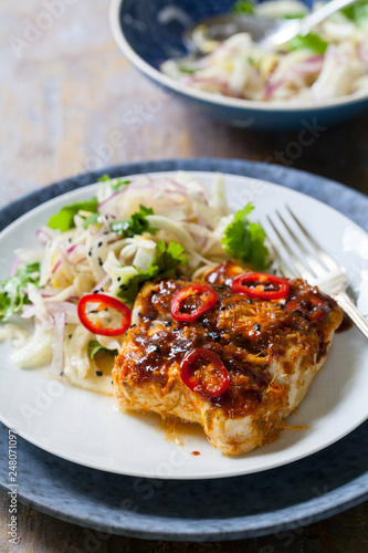Soy and ginger glazed cod with fennel and onion salad