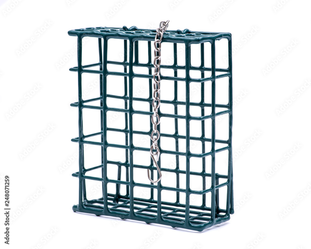 Single Metal Suet Wild Bird Feeder Cage isolated on white background. With vinyl coated wire to protect birds feet. Single Metal Suet Wild Bird Feeder Cage isolated on white background. With vinyl coated wire to protect birds feet.