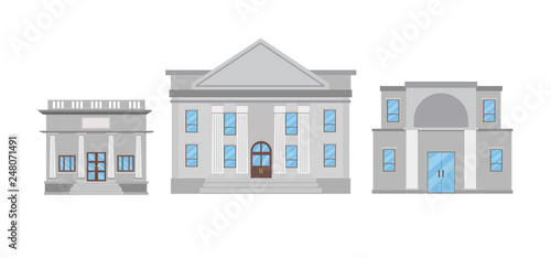 Bank or government building, courthouse with roman columns.Set Bank building isolated on white background