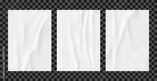 White wrinkled poster template set. Glued paper vector mockup.