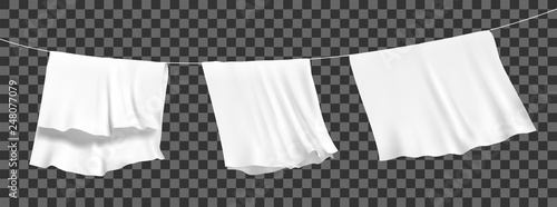 White sheets dried on a rope on the wind. Realistic vector.