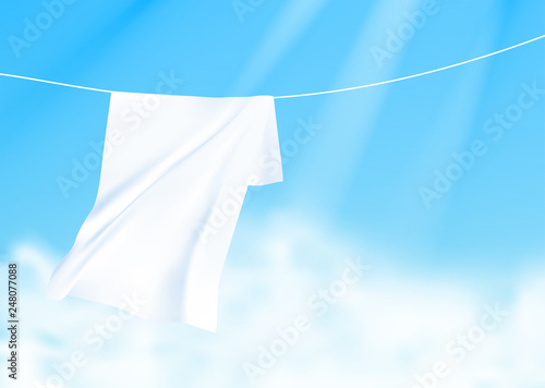 White sheets dried on a rope on the wind. Realistic vector illustration with blue sky and sunshine on background.