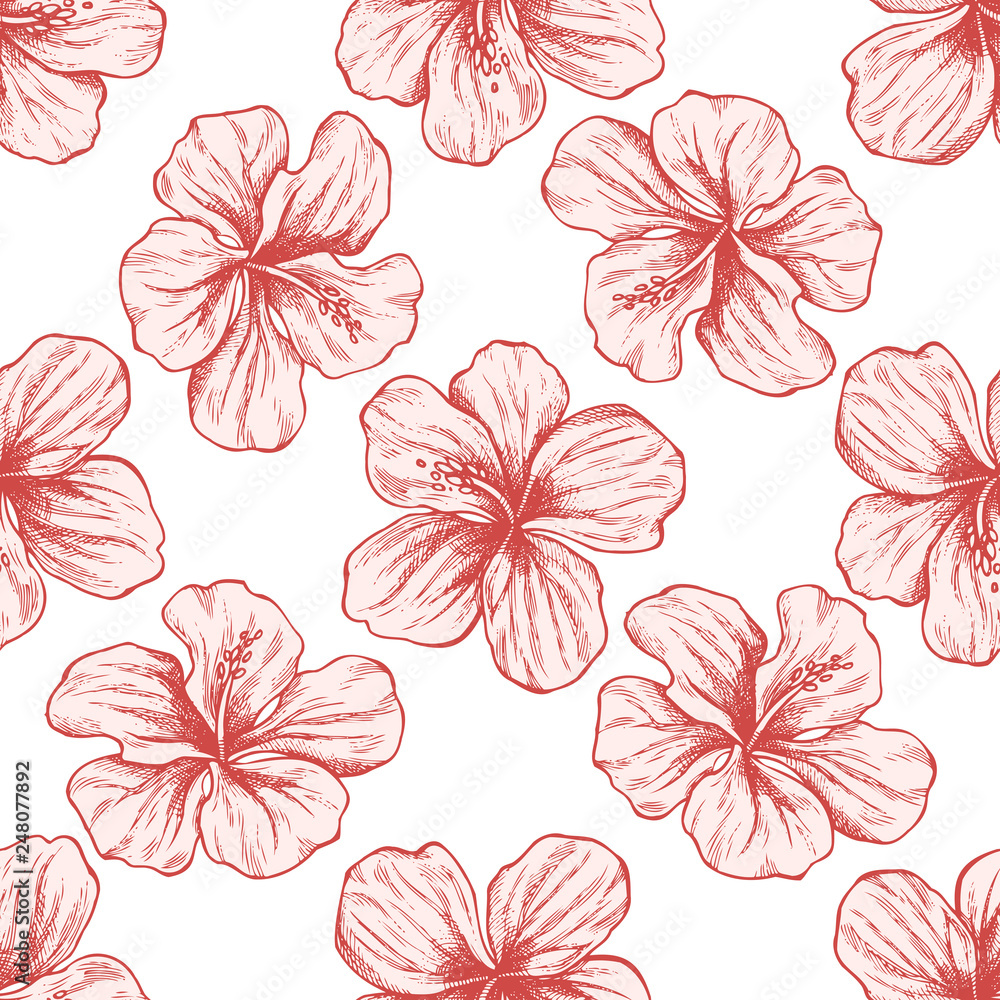 Seamless pattern with hand drawn pastel protea, hibiscus
