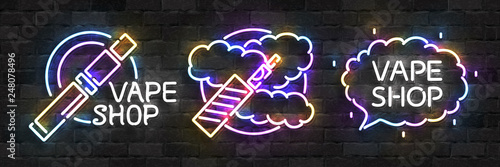 Vector set of realistic isolated neon sign of Vape Shop logo for template decoration and covering on the wall background. Concept of electronic cigarette.