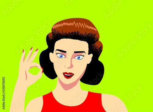 Retro vector illustration of a woman doing the OK sign with her hand