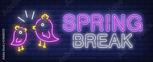 Spring break neon text with birds tweeting