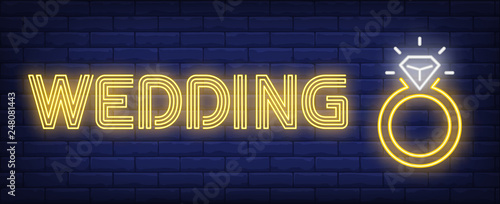 Wedding neon text and gold ring with diamond