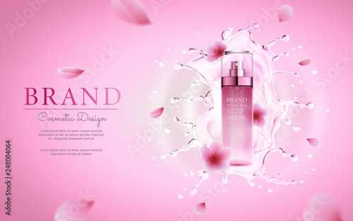 Cherry blossom cosmetic with water splashing for promotional pink poster template. Realistic 3d vector illustration.