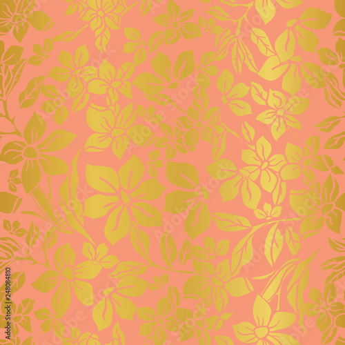 Vector Illustration of stylized  abstract  golden botanical garden with floating scattered allover flowers. Elegant seamless repeat pattern perfect for fabric  wallpaper  background  fashion design 