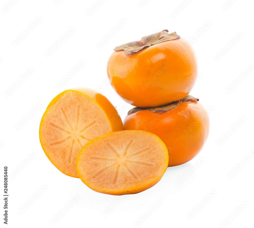 Tropical fruit persimmon. Kaki with leaves on white background. Tropical fruit persimmon. Kaki with leaves on white background.