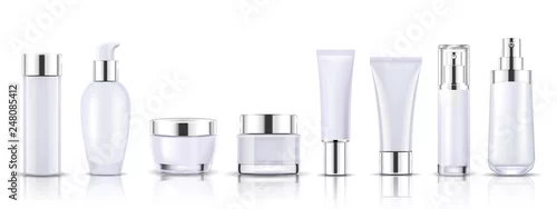 Obraz Set gold cosmetic bottles packaging mockup, ready for your design, vector illustration.