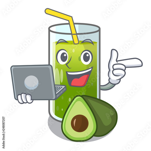 With laptop avocado smoothies in a mascot glass