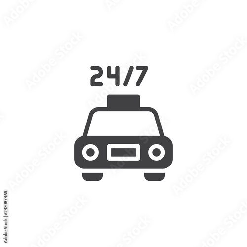 24 7 taxi service vector icon. filled flat sign for mobile concept and web design. 24 7 taxi car simple solid icon. Symbol, logo illustration. Pixel perfect vector graphics
