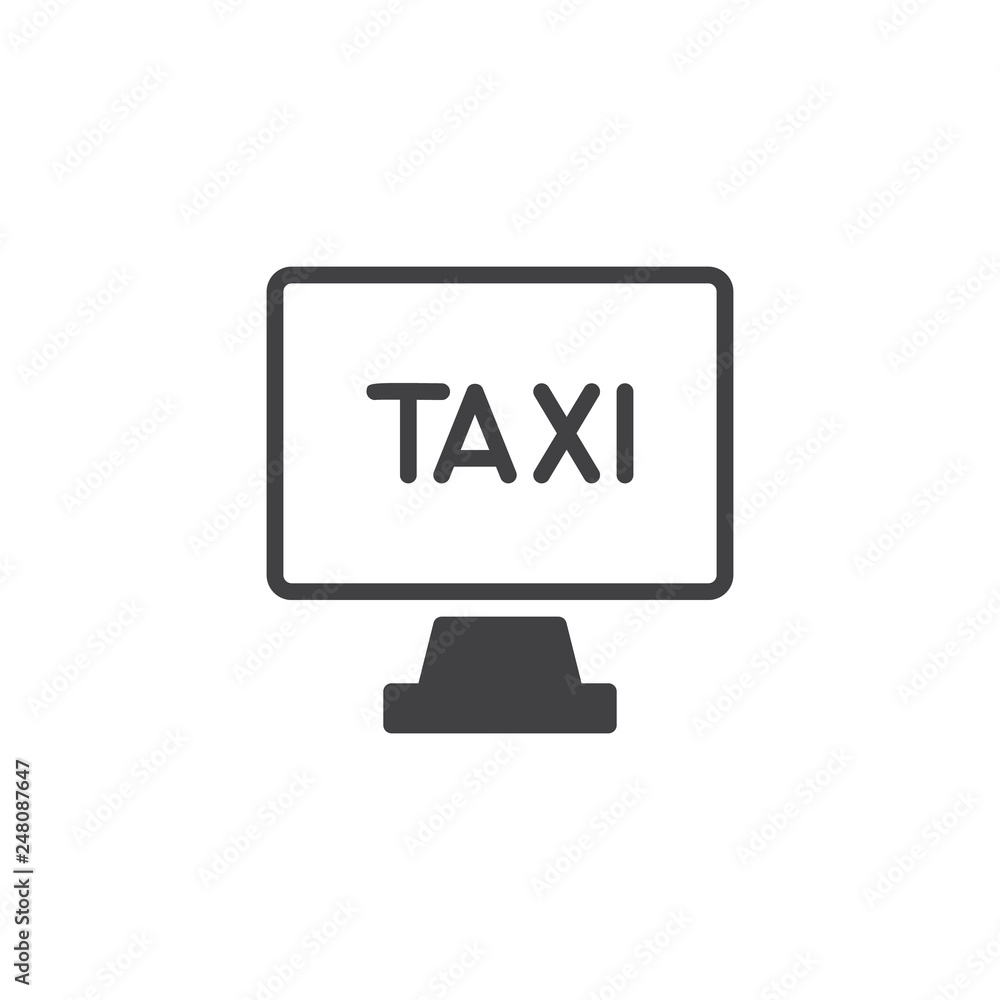 Taxi service computer monitor vector icon. filled flat sign for mobile concept and web design. Online taxi ordering simple solid icon. Symbol, logo illustration. Pixel perfect vector graphics Taxi service computer monitor vector icon. filled flat sign for mobile concept and web design. Online taxi ordering simple solid icon. Symbol, logo illustration. Pixel perfect vector graphics