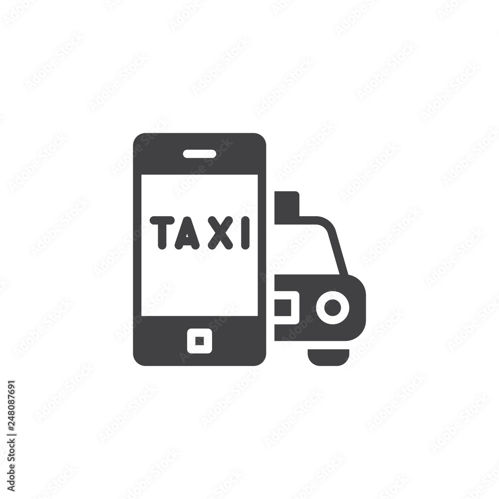 Taxi cab ordering app vector icon. filled flat sign for mobile concept and web design. Mobile phone with taxi car simple solid icon. Symbol, logo illustration. Pixel perfect vector graphics
