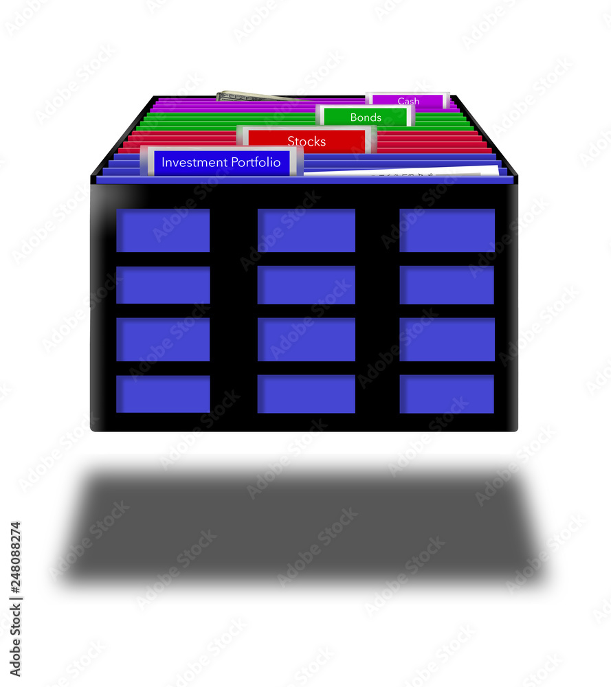 Colorful file folders with labels show a person's record keeping regarding an investment portfolio. Tabs include stocks, bonds and cash. Colorful file folders with labels show a person's record keeping regarding an investment portfolio. Tabs include stocks, bonds and cash.