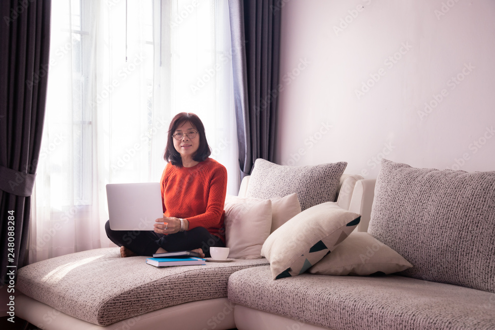 Beautiful housewife at home sitting on the couch, using laptop and having a coffee break. Beautiful housewife at home sitting on the couch, using laptop and having a coffee break.