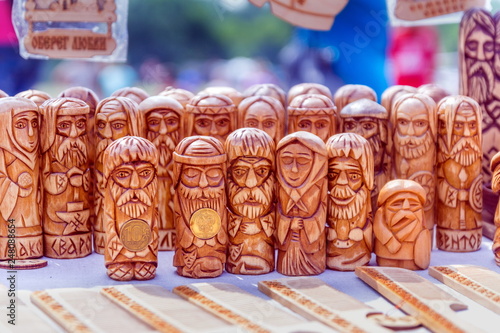 Russia, Samara, July, 2018: Wooden amulet toys. Ethno-historical festival with the reconstruction of the battle of 1391 (Timur and Tokhtamysh) photo