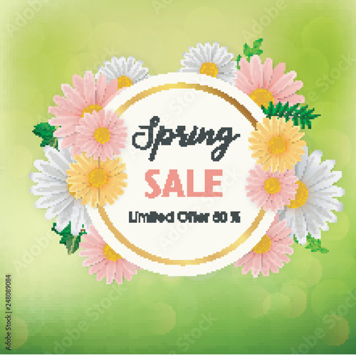Spring sale background with beautiful flower and round frame