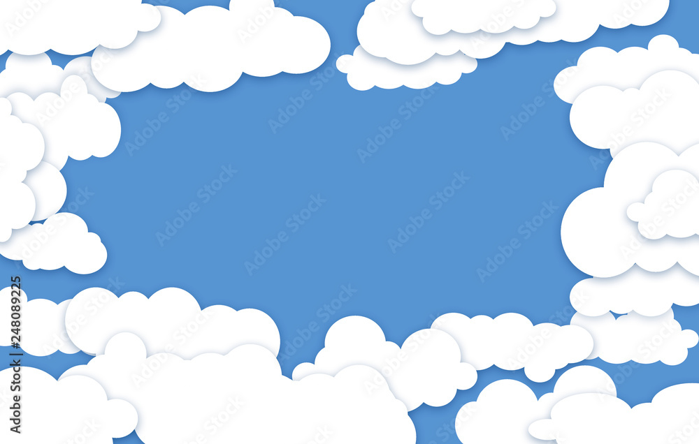 White fluffy clouds surround an opening that reveals clear blue sky where graphic elements or text may be placed.