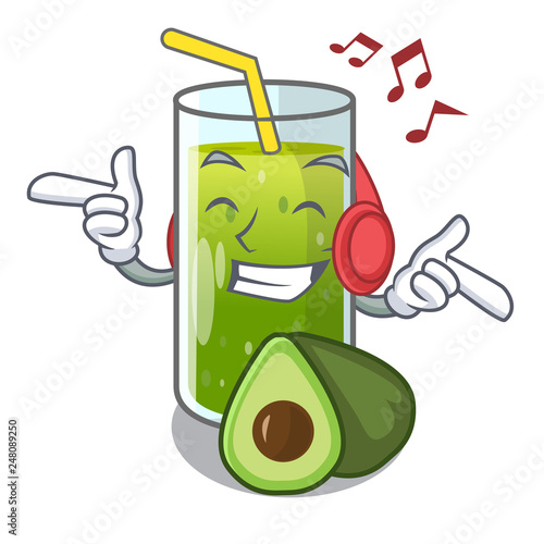 Listening music avocado smoothies are isolated on characters