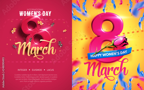 8 March. International Women's Day. Happy Mother's Day. Number 8 with ribbon text and confetti on background. Vector Illustration.