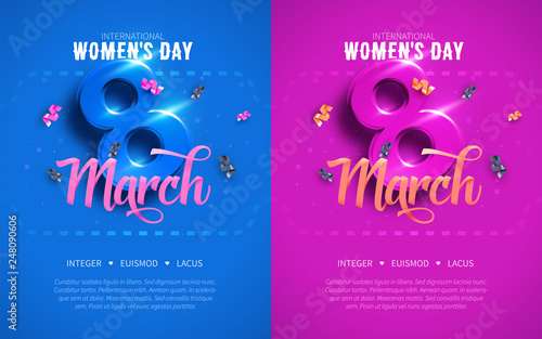 8 March. International Women's Day. Happy Mother's Day. Number 8 with ribbon text and confetti on background. Vector Illustration.