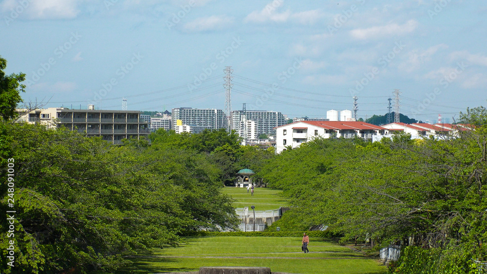 TAMA CITY, TOKYO, JAPAN - CIRCA MAY 2018 : Scenery of TAMA NEW TOWN RESIDENTIAL AREA near TAMA CENTER train station. TAMA CITY, TOKYO, JAPAN - CIRCA MAY 2018 : Scenery of TAMA NEW TOWN RESIDENTIAL AREA near TAMA CENTER train station.