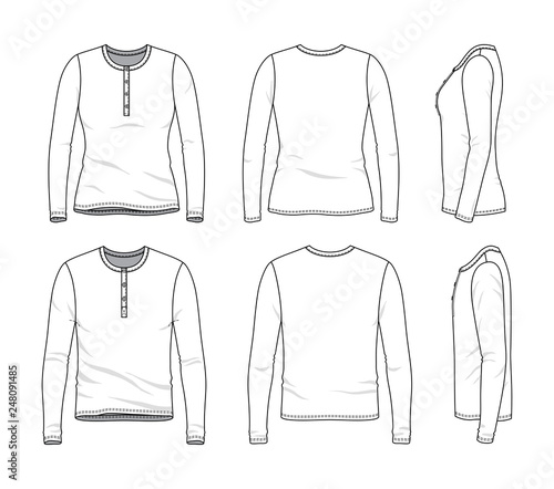 Blank clothing templates of male and female long sleeved button tee in front, side, back views. Vector illustration isolated on white background.