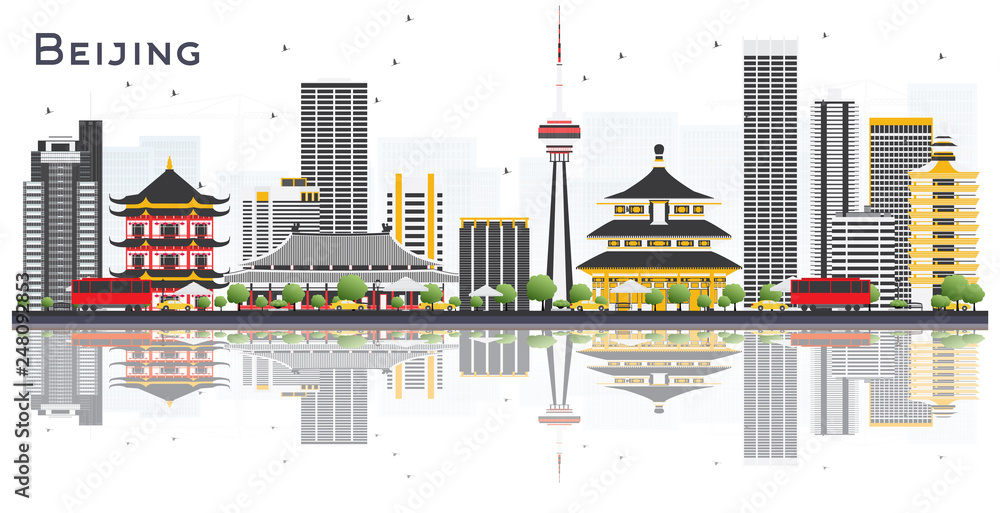 Beijing China City Skyline with Gray Buildings and Reflections Isolated on White Background.