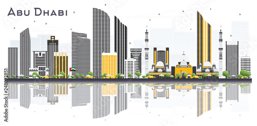 Abu Dhabi UAE City Skyline with Gray Buildings and Reflections Isolated on White Background.