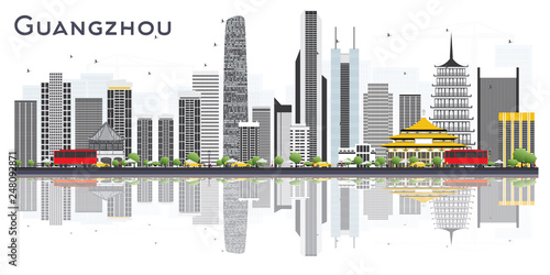 Guangzhou China City Skyline with Gray Buildings and Reflections Isolated on White Background.
