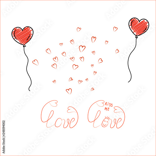 Doodle heart shaped balloons with lettering on white background