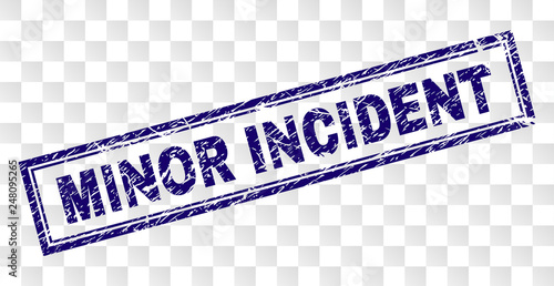MINOR INCIDENT stamp seal imprint with rubber print style and double framed rectangle shape. Stamp is placed on a transparent background.