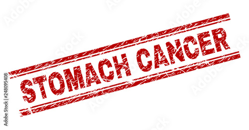 STOMACH CANCER seal print with grunge style. Red vector rubber print of STOMACH CANCER text with dirty texture. Text caption is placed between double parallel lines.