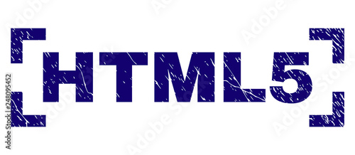 HTML5 title seal print with corroded style. Text label is placed between corners. Blue vector rubber print of HTML5 with corroded texture.