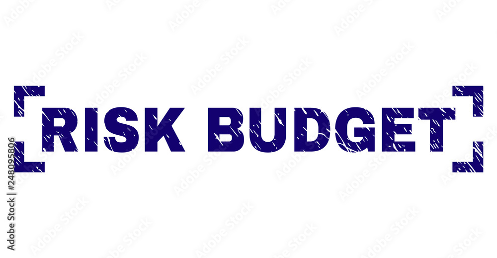 RISK BUDGET text seal print with grunge texture. Text title is placed between corners. Blue vector rubber print of RISK BUDGET with grunge texture.