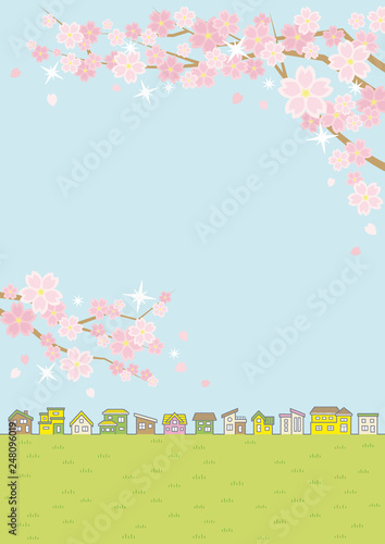 桜のある春の田舎の風景のイラスト(家の並びと空と草原)