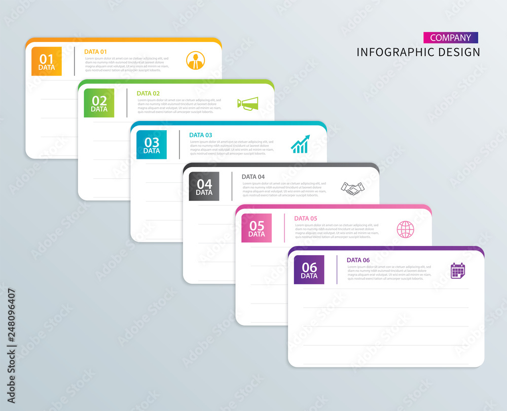 Infographics tab paper index with 6 data template. Vector illustration abstract notebook background. Can be used for workflow layout, business step, banner, web design. - obrazy, fototapety, plakaty 