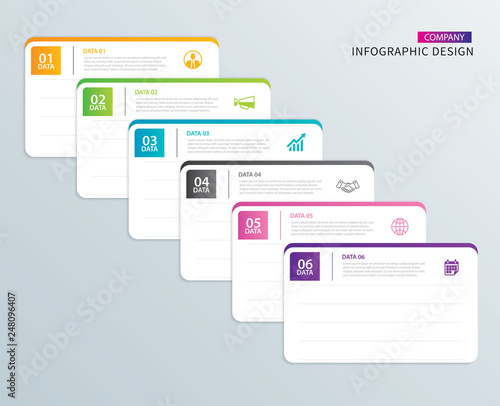 Infographics tab paper index with 6 data template. Vector illustration abstract notebook background. Can be used for workflow layout, business step, banner, web design.