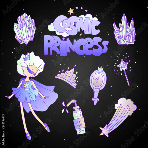 Cosmic princess - cute cartoon princess illustration set. Space and magic elements - tiara, star, crown, magical mirror on black background in blue cosmic colors. Cute vector cartoon princess