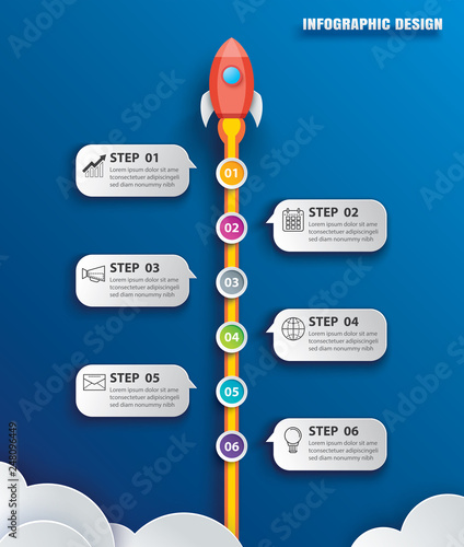 Startup business infographics with 6 data template. Vector illustration abstract rocket paper art on blue background.